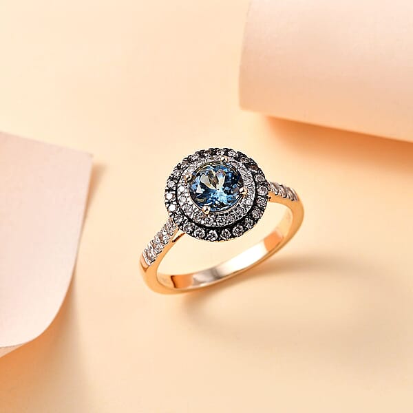 Luxoro AAA Santa Maria Aquamarine Natural Champagne And G-H I2 Diamond 1.85 Ctw Ring In 14K Yellow Gold (Size 9.0)