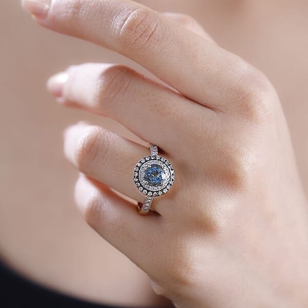 Luxoro AAA Santa Maria Aquamarine Natural Champagne And G-H I2 Diamond 1.85 Ctw Ring In 14K Yellow Gold (Size 9.0)