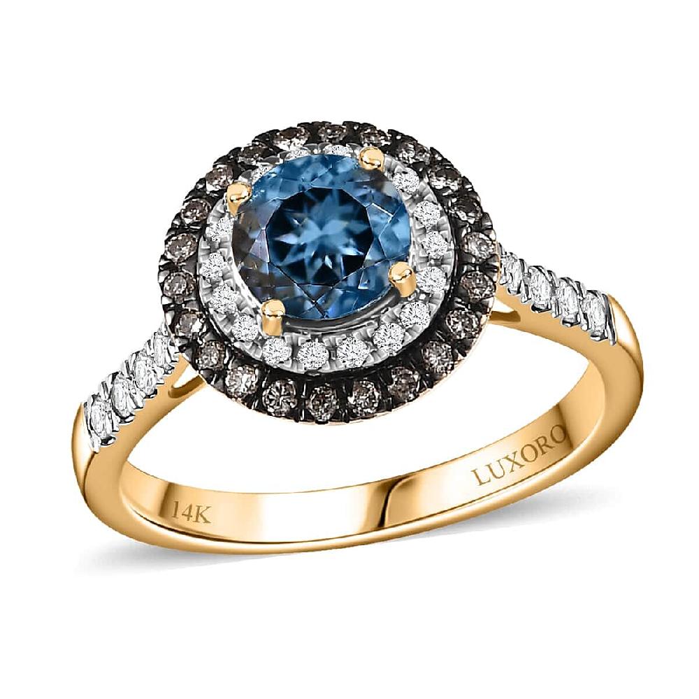 Luxoro AAA Santa Maria Aquamarine Natural Champagne and G-H I2 Diamond 1.85 ctw Ring in 14K Yellow Gold (Size 9.5)