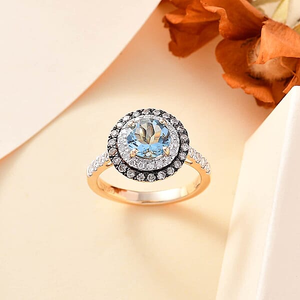 Luxoro AAA Santa Maria Aquamarine Natural Champagne And G-H I2 Diamond 1.85 Ctw Ring In 14K Yellow Gold (Size 6.0)