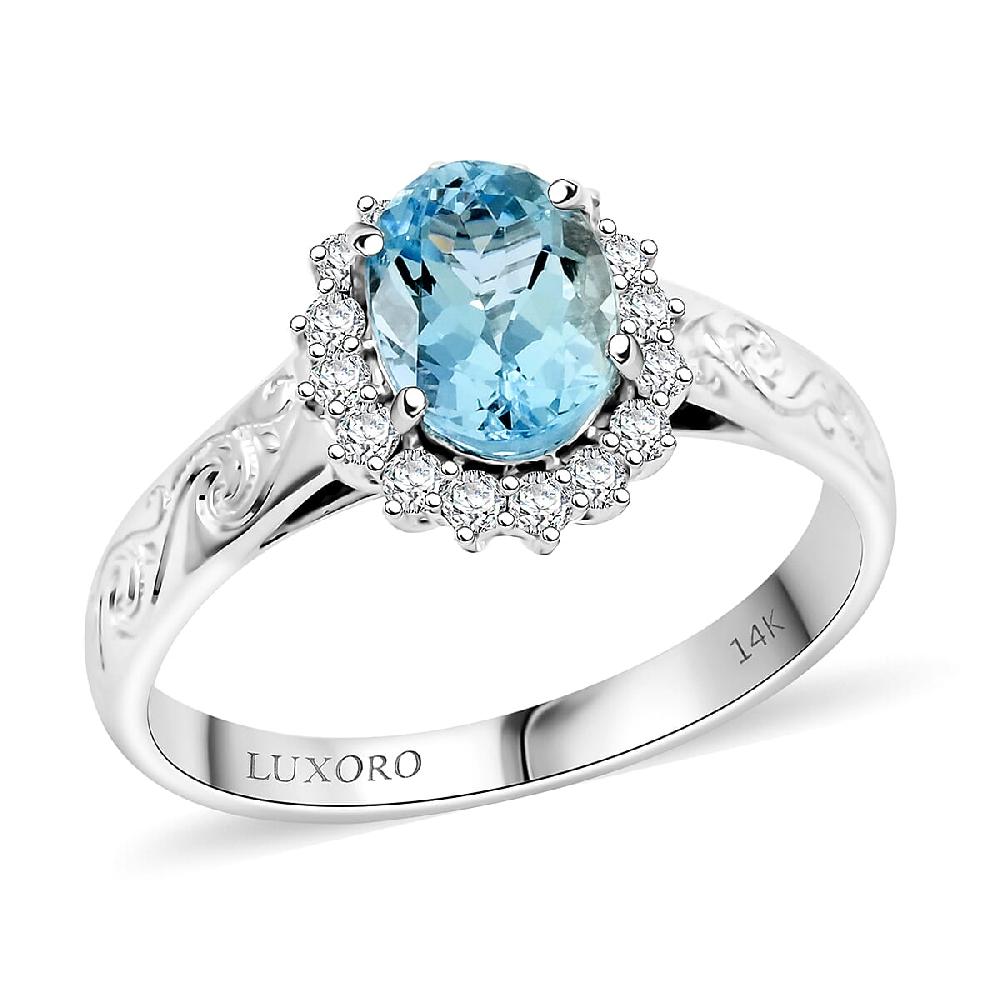 Luxoro AAA Santamaria Aquamarine And White Diamond I2 1.50 Ctw Ring In 14K White Gold