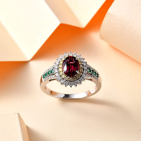 Luxoro AAA Shimoyo Rubellite Boyaca Colombian Emerald I2 Natural Yellow And White Diamond 2.15 Ctw Ring In 14K White Gold 4.15 Grams