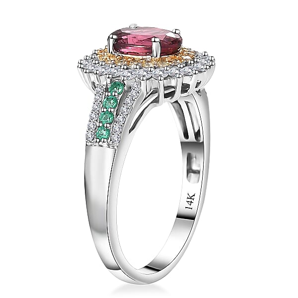Luxoro AAA Shimoyo Rubellite Boyaca Colombian Emerald I2 Natural Yellow And White Diamond 2.15 Ctw Ring In 14K White Gold 4.15 Grams