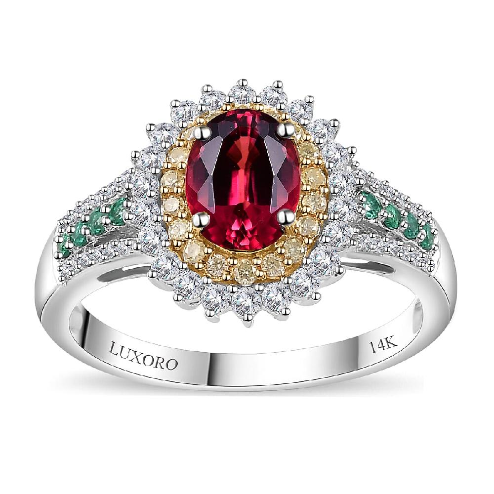 Luxoro AAA Shimoyo Rubellite Boyaca Colombian Emerald I2 Natural Yellow and White Diamond 2.15 ctw Ring in 14K White Gold 4.15 Grams