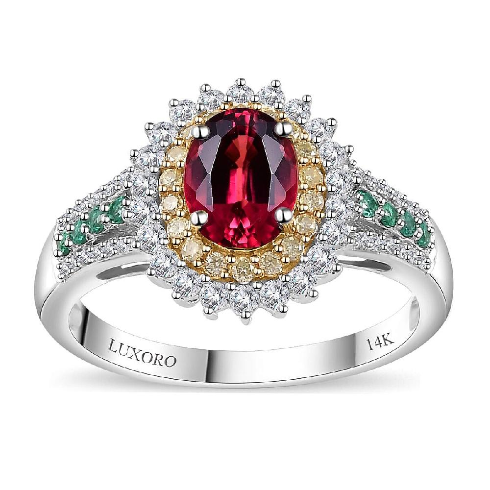 Luxoro AAA Shimoyo Rubellite Boyaca Colombian Emerald I2 Natural Yellow and White Diamond 2.15 ctw Ring in 14K White Gold 4.15 Grams