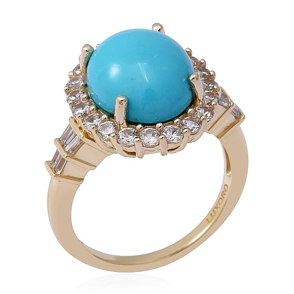 Luxoro AAA Sleeping Beauty Turquoise And White Zircon 5.65 Ctw Halo Ring In 10K Yellow Gold