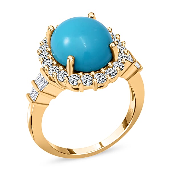 Luxoro AAA Sleeping Beauty Turquoise And White Zircon 5.65 Ctw Halo Ring In 10K Yellow Gold