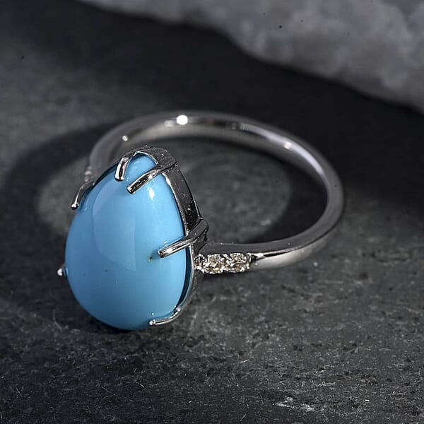 Luxoro AAA Sleeping Beauty Turquoise Diamond Ring In 10K White Gold 4.50 Ctw