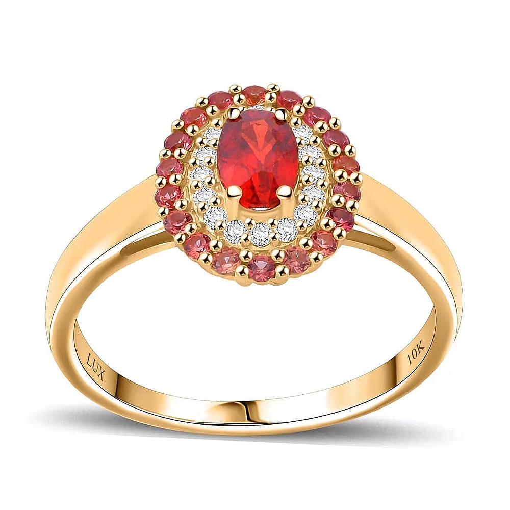 Luxoro AAA Songea Sapphire Padparadscha Sapphire (BT) and I2 Diamond 1.20 ctw Crimson Halo Ring in 10K Yellow Gold