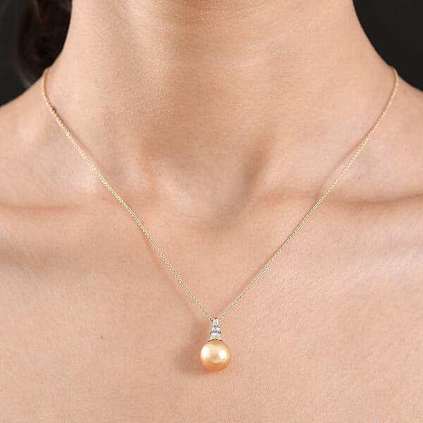Luxoro AAA South Sea Golden Cultured Pearl And Diamond I2 Signature Pendant Necklace In 10K Yellow Gold 20 Inches
