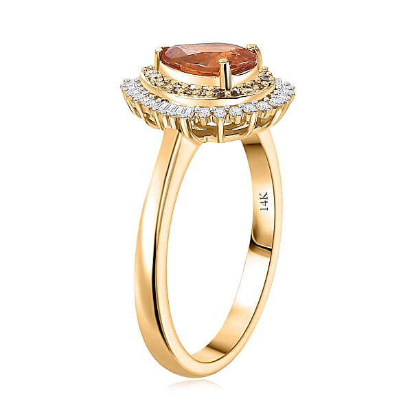Luxoro AAA Tanzanian Mandarin Garnet I2 Natural Champagne And White Diamond 1.50 Ctw Autum Forest Sunburst Ring In 14K Yellow Gold
