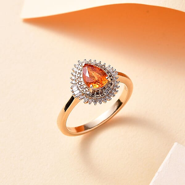 Luxoro AAA Tanzanian Mandarin Garnet I2 Natural Champagne And White Diamond 1.50 Ctw Autum Forest Sunburst Ring In 14K Yellow Gold