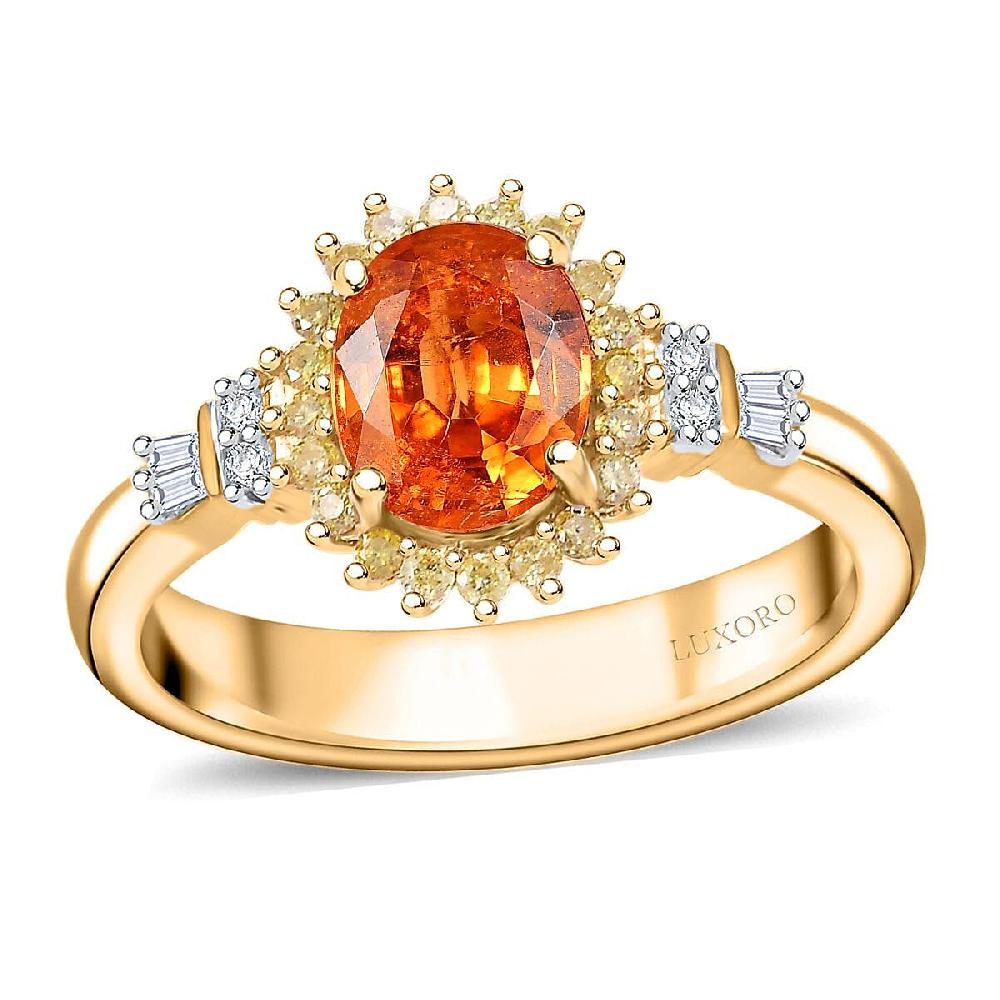 Luxoro AAA Tanzanian Mandarin Garnet I2 Natural Yellow and White Diamond 1.90 ctw Sunburst Ring in 14K Yellow Gold (Del. in 10-12 Days)