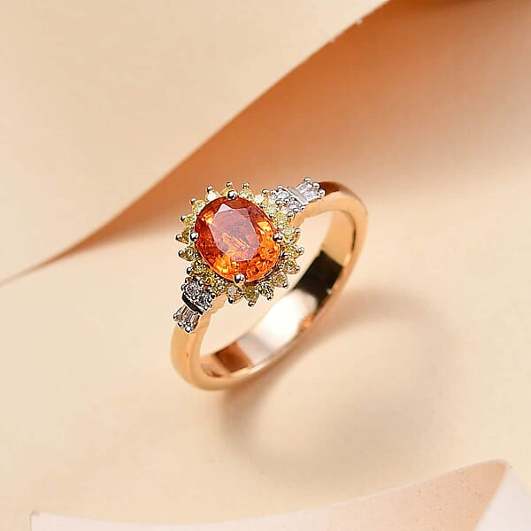 Luxoro AAA Tanzanian Mandarin Garnet Natural Diamond Sunburst Ring In 14K Yellow Gold 1.90 Ctw