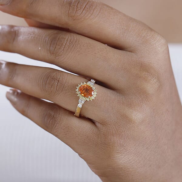 Luxoro AAA Tanzanian Mandarin Garnet Natural Diamond Sunburst Ring In 14K Yellow Gold 1.90 Ctw