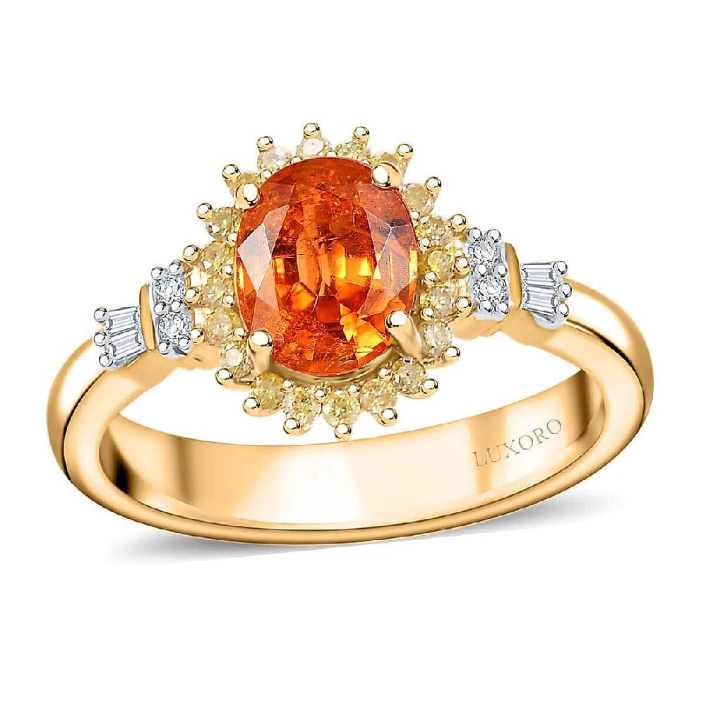 Luxoro AAA Tanzanian Mandarin Garnet Natural Diamond Sunburst Ring in 14K Yellow Gold 1.90 ctw