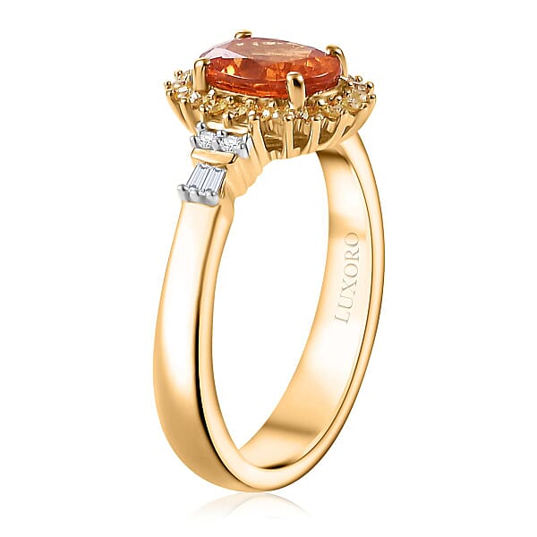Luxoro AAA Tanzanian Mandarin Garnet Natural Diamond Sunburst Ring In 14K Yellow Gold 1.90 Ctw