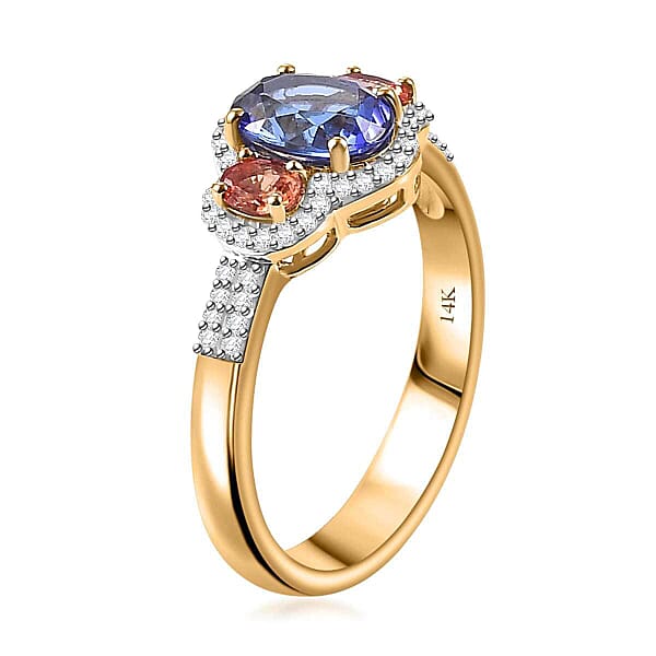 Luxoro AAA Tanzanite And Padparadscha Sapphire (Bery 10.0) G-H I2 Diamond 2.00 Ctw Sunset Serenade Ring In 14K Yellow Gold