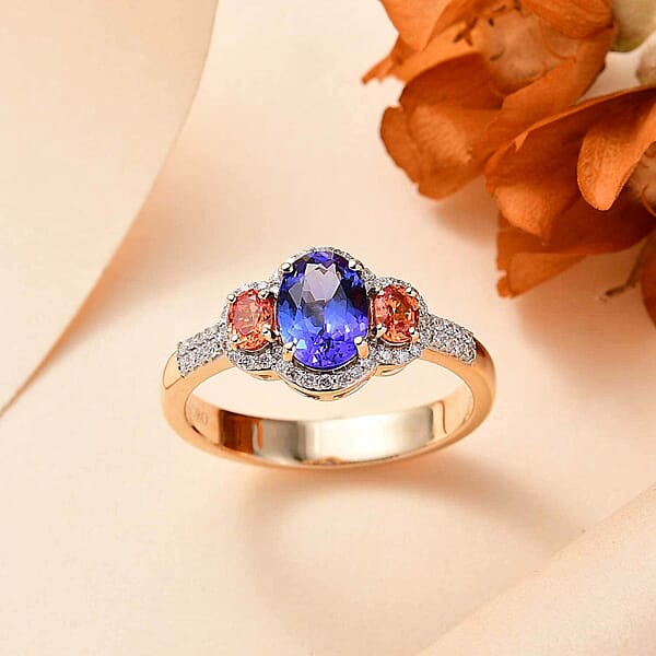 Luxoro AAA Tanzanite And Padparadscha Sapphire (Bery 7.5) G-H I2 Diamond 2.00 Ctw Sunset Serenade Ring In 14K Yellow Gold