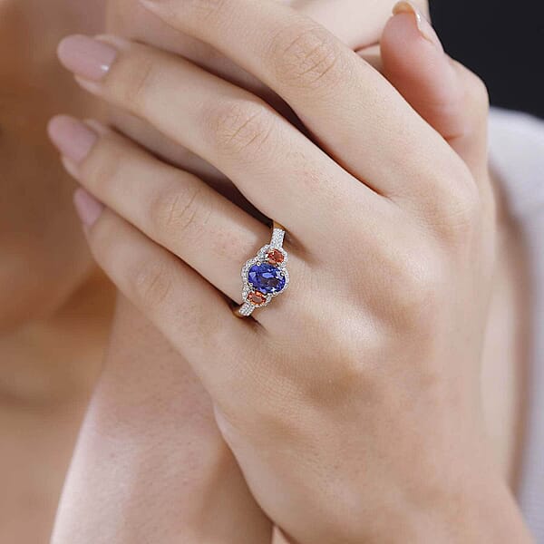 Luxoro AAA Tanzanite And Padparadscha Sapphire (Bery 7.5) G-H I2 Diamond 2.00 Ctw Sunset Serenade Ring In 14K Yellow Gold