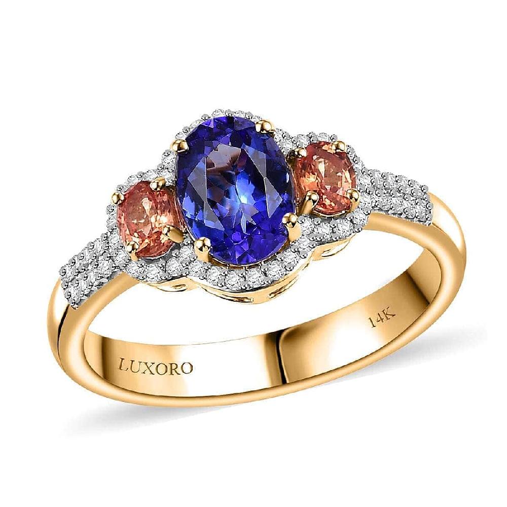 Luxoro AAA Tanzanite and Padparadscha Sapphire (Bery 10.0) G-H I2 Diamond 2.00 ctw Sunset Serenade Ring in 14K Yellow Gold