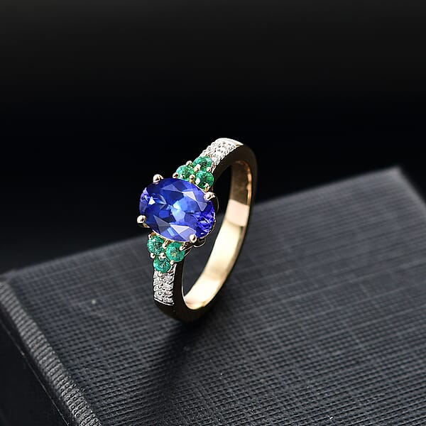 Luxoro AAA Tanzanite Boyaca Colombian Emerald And Diamond I2 2.00 Ctw Ring In 14K Yellow Gold 4.08 Grams