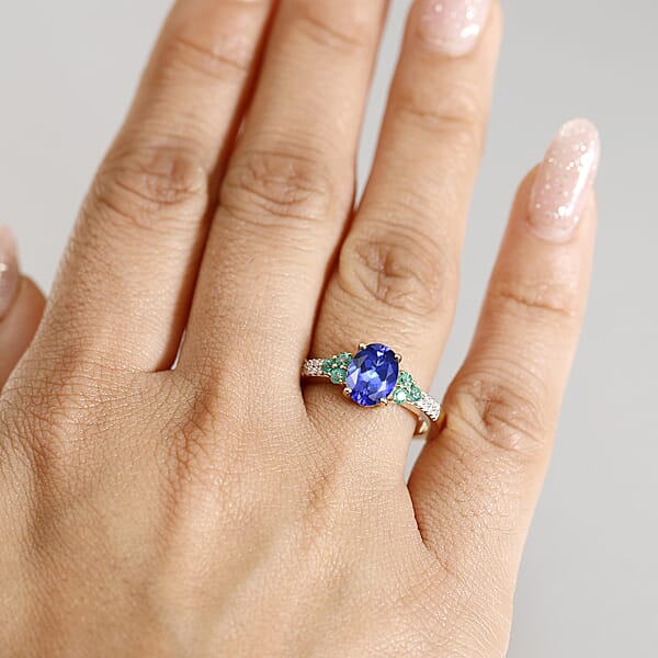 Luxoro AAA Tanzanite Boyaca Colombian Emerald And Diamond I2 2.00 Ctw Ring In 14K Yellow Gold 4.08 Grams