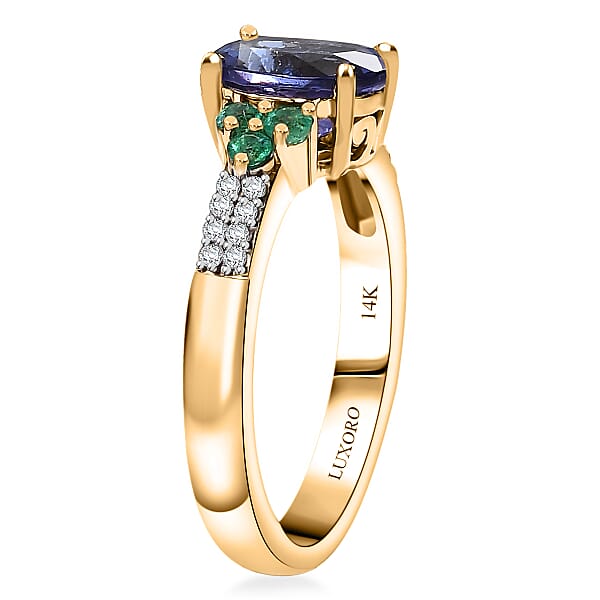 Luxoro AAA Tanzanite Boyaca Colombian Emerald And Diamond I2 2.00 Ctw Ring In 14K Yellow Gold 4.08 Grams