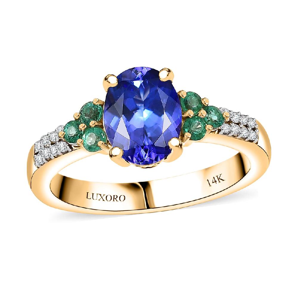 Luxoro AAA Tanzanite Boyaca Colombian Emerald and Diamond I2 2.00 ctw Ring in 14K Yellow Gold 4.08 Grams