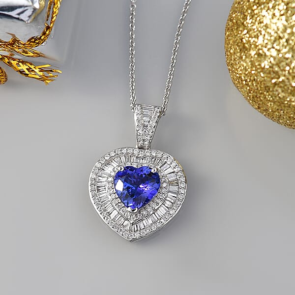 Luxoro AAA Tanzanite Diamond Heart Pendant Necklace In 10K White Gold 2.70 Ctw (20 Inches)