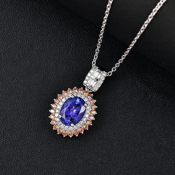 Luxoro AAA Tanzanite Padparadscha Sapphire (BT) And Diamond 2.50 Ctw Double Halo Pendant Necklace In 10K White Gold 20 Inches