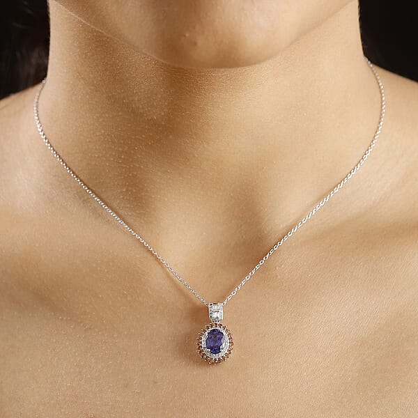 Luxoro AAA Tanzanite Padparadscha Sapphire (BT) And Diamond 2.50 Ctw Double Halo Pendant Necklace In 10K White Gold 20 Inches
