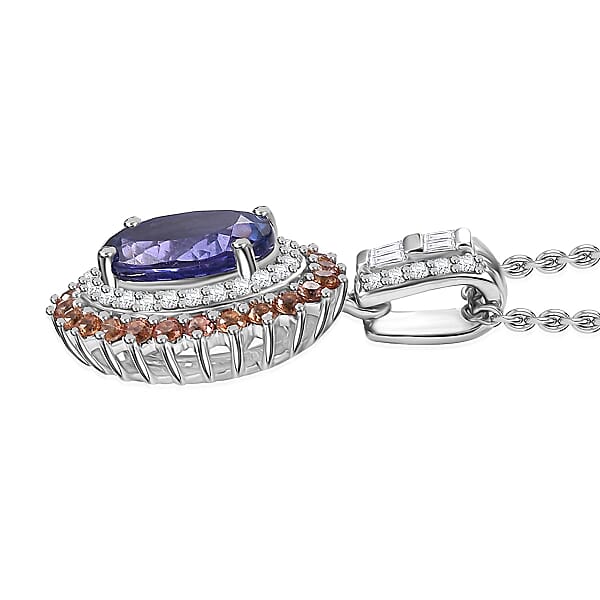 Luxoro AAA Tanzanite Padparadscha Sapphire (BT) And Diamond 2.50 Ctw Double Halo Pendant Necklace In 10K White Gold 20 Inches