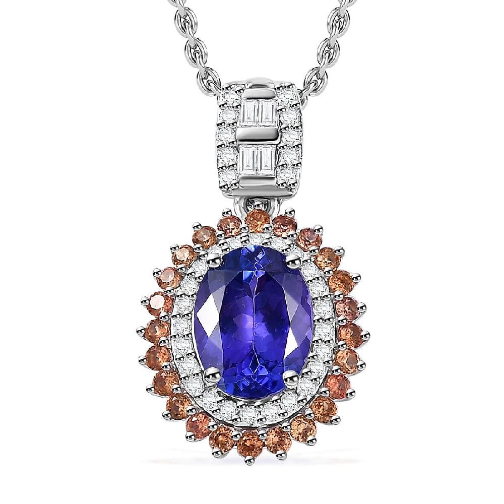 Luxoro AAA Tanzanite Padparadscha Sapphire (BT) and Diamond 2.50 ctw Double Halo Pendant Necklace in 10K White Gold 20 Inches