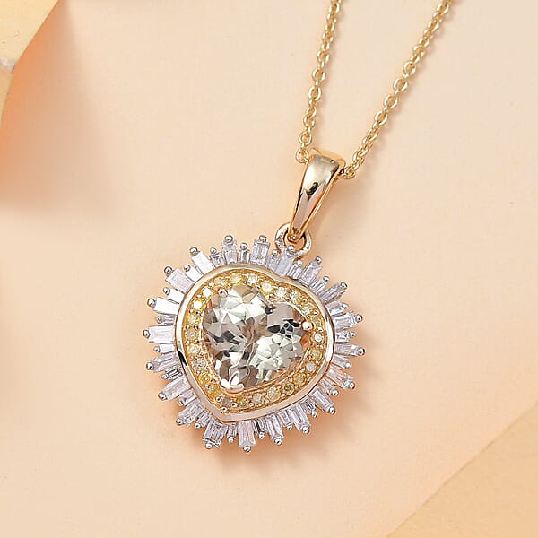 Luxoro AAA Turkizite Natural Yellow And White Diamond I2 2.40 Ctw Radiant Heart Pendant Necklace 20 Inches In 10K Yellow Gold
