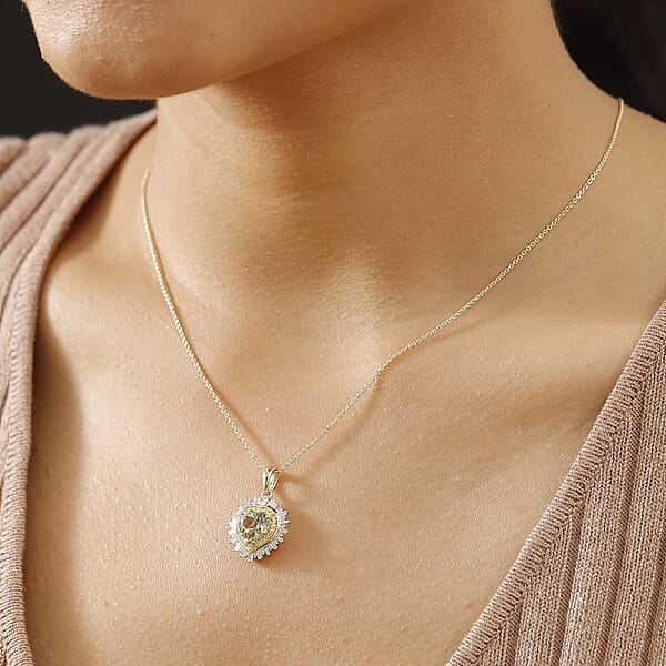 Luxoro AAA Turkizite Natural Yellow And White Diamond I2 2.40 Ctw Radiant Heart Pendant Necklace 20 Inches In 10K Yellow Gold