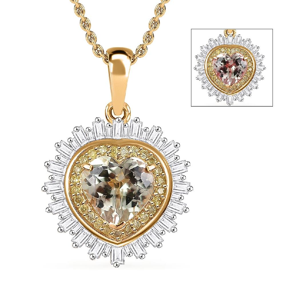 Luxoro AAA Turkizite Natural Yellow and White Diamond I2 2.40 ctw Radiant Heart Pendant Necklace 20 Inches in 10K Yellow Gold