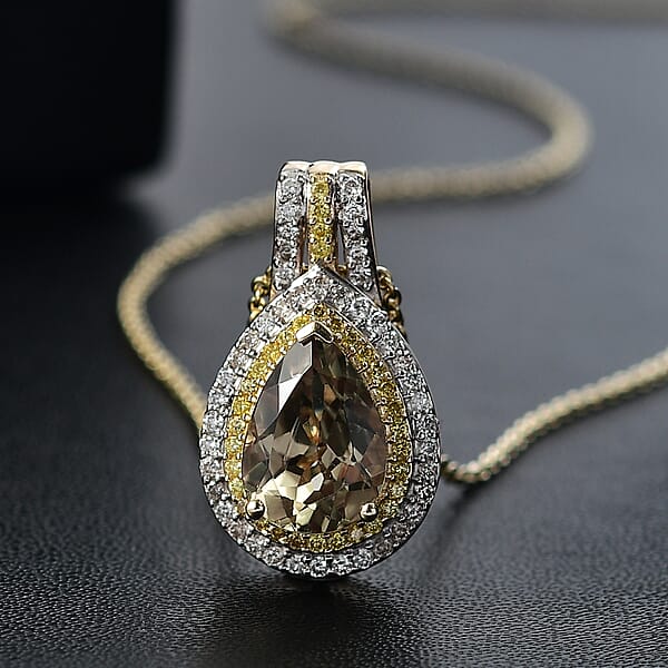 Luxoro AAA Turkizite Natural Yellow And White Diamond 2.75 Ctw Double Halo Pendant Necklace In 10K Yellow Gold 20 Inches