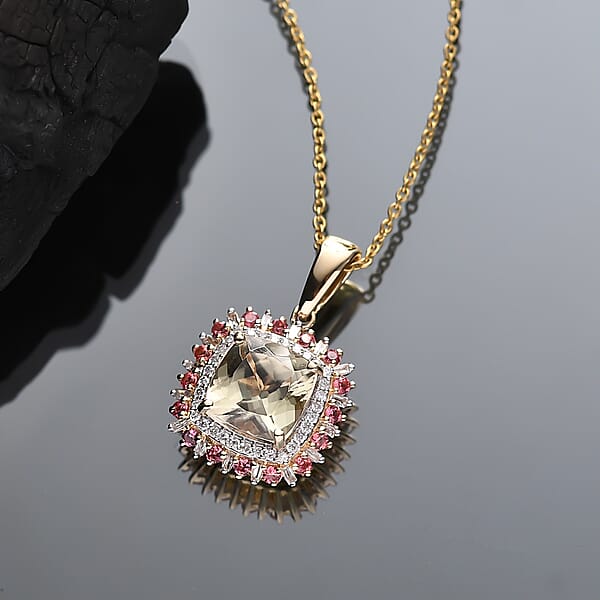 Luxoro AAA Turkizite Padparadscha Sapphire And I2 Diamond 3.10 Ctcw Sunshine Pendant Necklace 20 Inches In 10K Yellow Gold