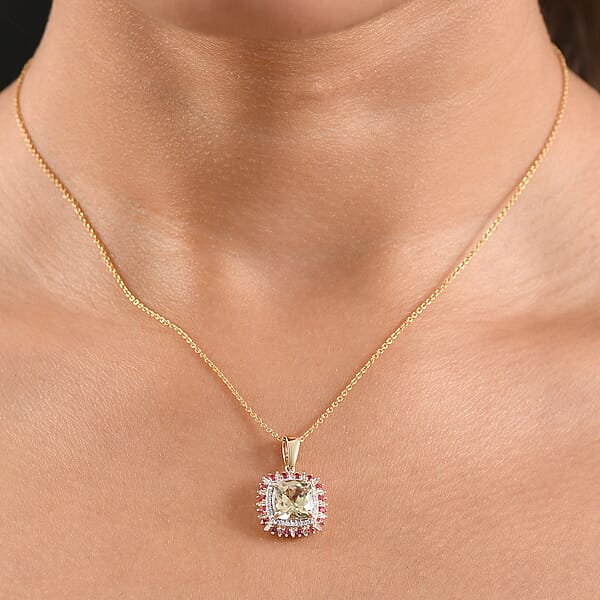 Luxoro AAA Turkizite Padparadscha Sapphire And I2 Diamond 3.10 Ctcw Sunshine Pendant Necklace 20 Inches In 10K Yellow Gold