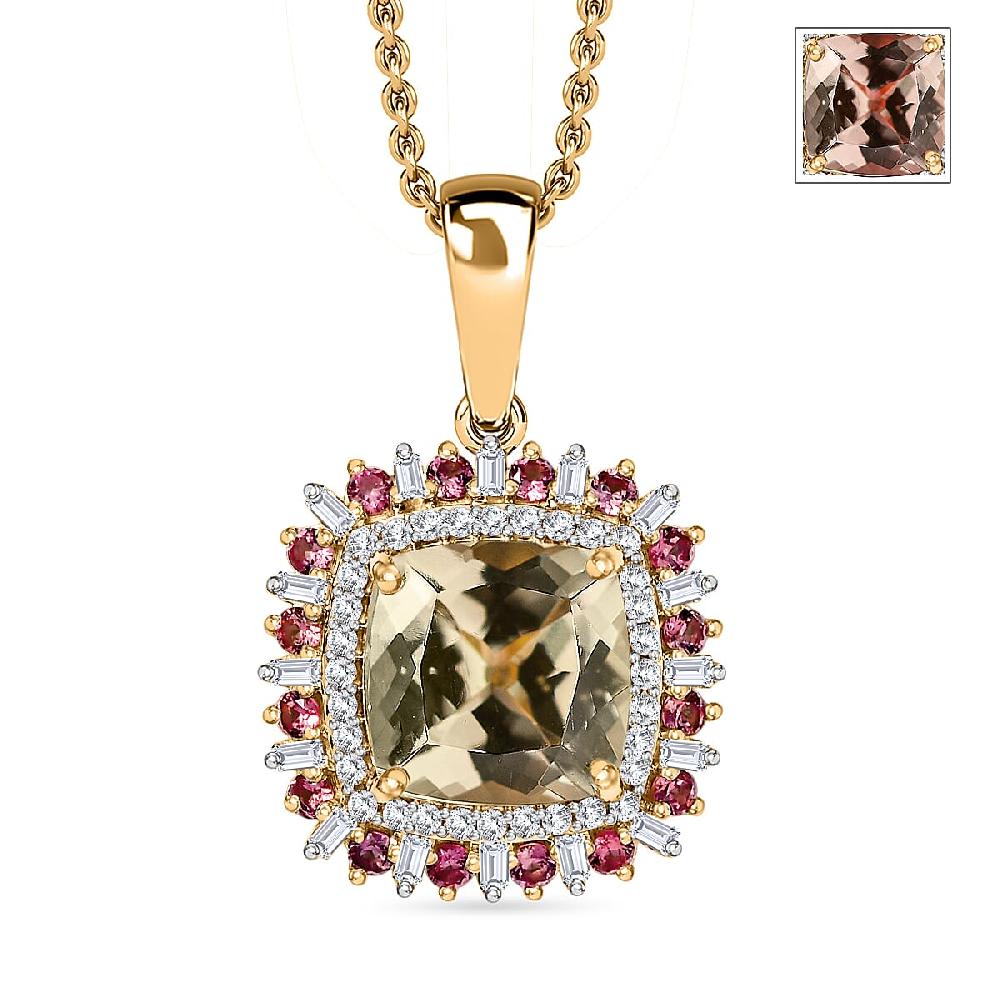 Luxoro AAA Turkizite Padparadscha Sapphire and I2 Diamond 3.10 ctcw Sunshine Pendant Necklace 20 Inches in 10K Yellow Gold