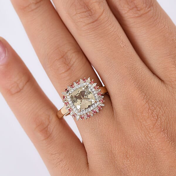 Luxoro AAA Turkizite Padparadscha Sapphire And I2 Diamond 3.10 Ctw Sunshine Ring In 10K Yellow Gold
