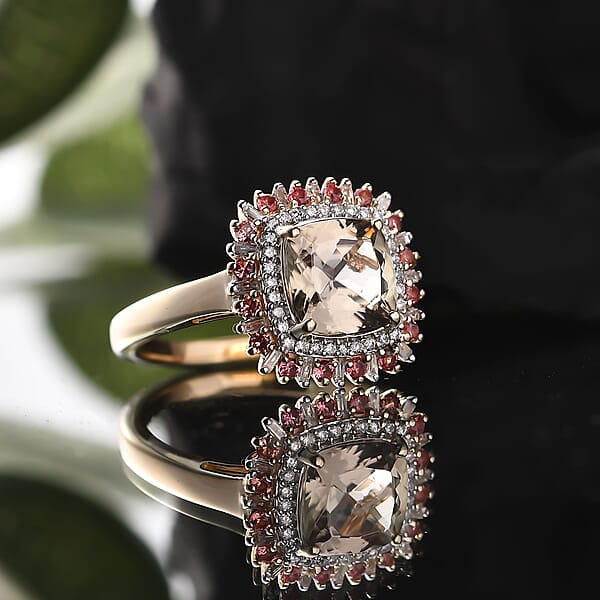 Luxoro AAA Turkizite Padparadscha Sapphire And I2 Diamond 3.10 Ctw Sunshine Ring In 10K Yellow Gold