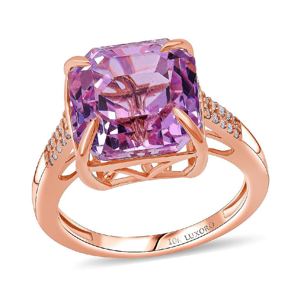Luxoro AAAA Asscher Cut Patroke Kunzite Diamond Ring in 10K Rose Gold 10.75 ctw
