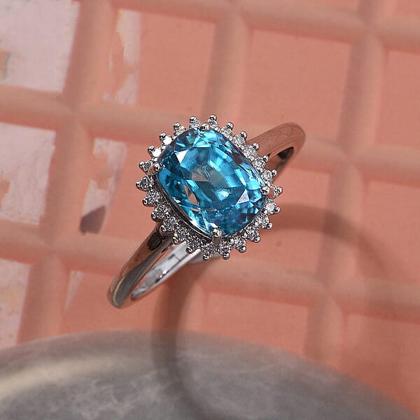 Luxoro AAAA Cambodian Blue Zircon And Diamond I2 5.10 Ctw Aura Ring In 10K White Gold
