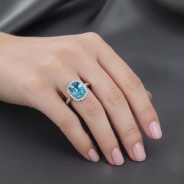 Luxoro AAAA Cambodian Blue Zircon And Diamond I2 5.10 Ctw Aura Ring In 10K White Gold