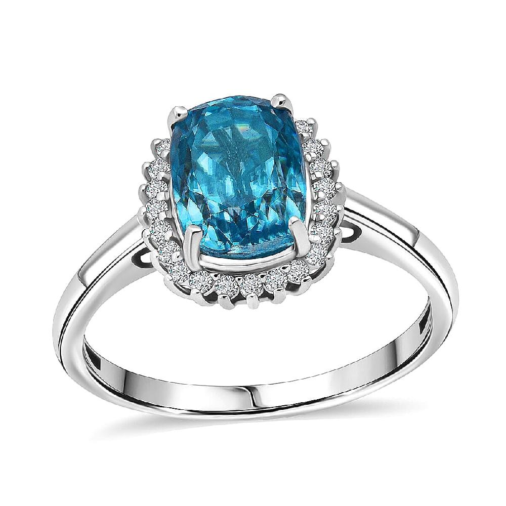 Luxoro AAAA Cambodian Blue Zircon and Diamond I2 5.10 ctw Aura Ring in 10K White Gold