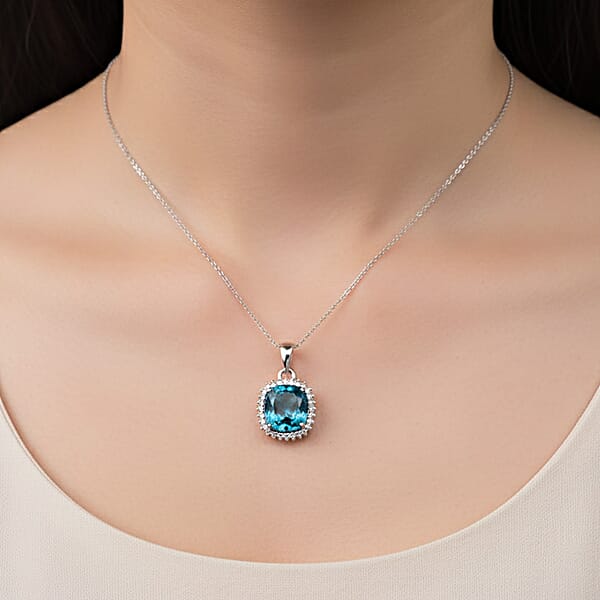 Luxoro AAAA Cambodian Blue Zircon Diamond Pendant Necklace In 10K White Gold 5.10 Ctw (18 Inches)