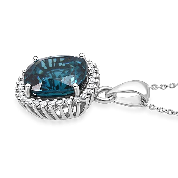 Luxoro AAAA Cambodian Blue Zircon Diamond Pendant Necklace In 10K White Gold 5.10 Ctw (18 Inches)