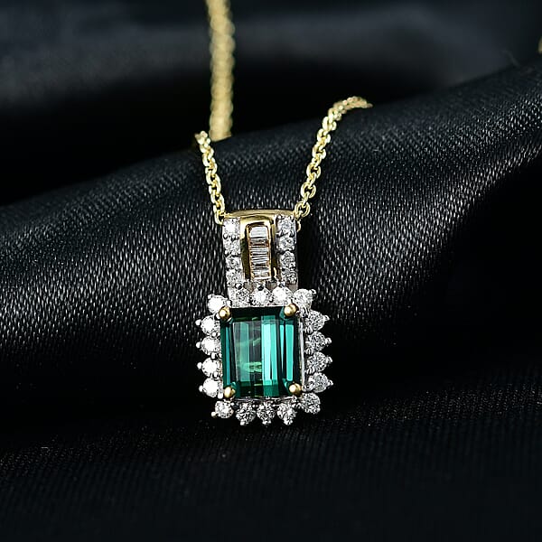Luxoro AAAA Monte Belo Indicolite And I2 Diamond 1.30 Ctw Royal Elegance Pendant Necklace 20 Inches In 14K Yellow Gold